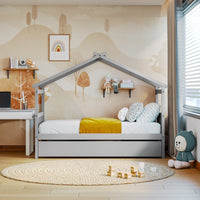 Twin Size House Bed Frame, Wood Platform Bed with Twin Size Trundle, Decorative Canopy Bed Top, Sturdy Frame Wood Legs Supprot, No Box Spring Needed, Gray