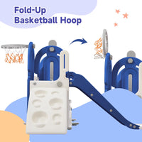 5 in 1 Toddler Swing and Slide Set with Climber, Kids Playground Climber Slide Playset with Safety Belt, Armrest, Basketball Hoop, High Adjustable Baby Swing Set for Indoor Outdoor Backyard, Blue