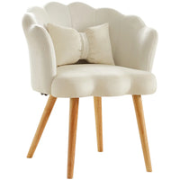 Modern Velvet Accent Chair, Shell-Shaped Chair with Bowknot Waist Pillow, Wooden Foot, Casual Lotus Armchair for Living Room/Bedroom/Apartment, Beige
