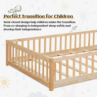 Triple Tree Montessori Twin Bed, for Toddler with Fence and Wood Slats, Natural