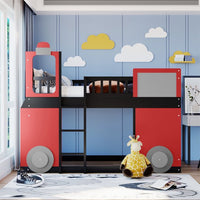 Train Shaped Bunk Bed with Window, Wood Twin Over Twin Loft Bed Frame with Full-Length Guardrail & Ladders, Multifunctional Floor Loft Bunk Bed for Boys Girls, Space-Saving, No Box Spring Needed, Red