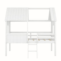 Twin House Loft Bed with Roof for Kids, Low Wooden Bed Frame with Ladder and Fence Guardrails, Montessori Bed with Two Side Windows for Boys Girls Bedroom, No Box Spring Needed, White