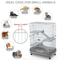 Metal 4-Tier Animal Cage, 32 Inch Small Animals Pet Hutch with 2 Front Doors/Feeder/Wheels/Tray, Indoor Rolling Critter Nation for Lovely Chinchilla/Squirrel, Gray, Easy Assembly & Clean