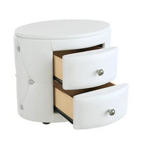 PU Leather Upholstered Nightstand with 2 Drawers and Crystal Handle, Button Tufted Dresser Side Table Chest, Multifunctional Round Storage Beside Table for Living Room, Bedroom, Fully Assembled, White