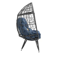 Oversized Rattan Wicker Egg Chair, Patio Egg Basket Chair with Soft Cushion, Teardrop Cuddle Seat & Sturdy Steel Frame, for Living Room, Backyard, Balcony, Patio,Navy Blue