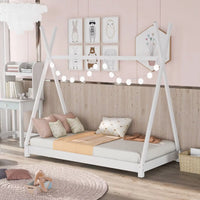 Twin Size House Bed Tent Bed for Kids Toddlers and Teens, Montessori Wood Floor Bed Frame with Sturdy Slats Support and Canopy Rack, Playhouse Design, No Box Spring Needed, White