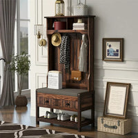 Hall Tree with 2 Drawers and 2 Shelves, 69" Hall Tree with 4 Hooks and Hinged Lid, Entryway Wooden Coat Rack Shoe Bench with Bottom Shelf for Living Room Entrance Hallway, Tiger