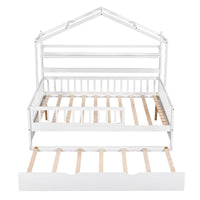 Full Size House Bed Frame with Twin Size Trundle, Full Platform Bed Frame with Storage Shelf and Fence Guardrails, Solid Wood 2-in-1 Beds with Roof for Kids Boys Girls Bedroom, White