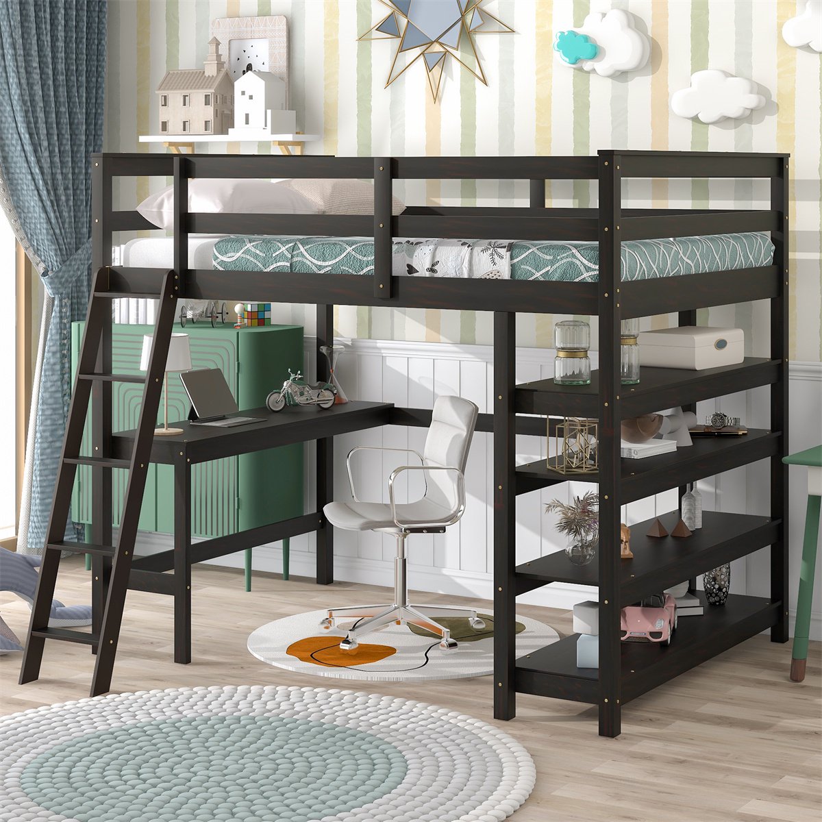 Full Size Loft Bed with Desk and Storage Shelves,Wooden High Loft Bed Frame with Ladder and Bookshelf for Dorm,Kids Adults Boys Girls Teens,Espresso