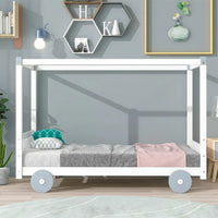 Twin Size Canopy Platform Bed, Wooden 4-Post Canopy Car-Shaped Platform Bed Frame with Wheels and Slats Support, Bedroom Mattress Foundation for Kids Girls Boys, No Box Spring Needed, White