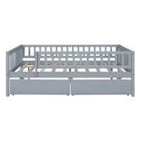 Low Wood Bed with Fence Guardrails for Kids, Full Size Platform Bed Frame Montessori Bed with 2 Storage Drawers & Slats System for Boys Girls Bedroom, No Box Spring Required, (Gray, Full Size)