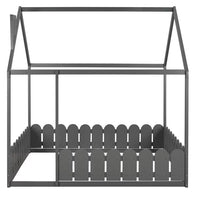 Full Size House Bed for Kids Boys Girls, Wood Floor Bed Frame with Roof and Fence, Box Spring Needed, Gray 78''L x 56.4''W x 68.6''H