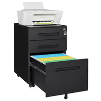 3 Drawer Filing Cabinet with 4 Wheels & 1 Support Leg, Metal File Cabinet with Lock, Lockable Rolling Cabinet with 2 Keys for Legal/Letter/A4 Size, Under Desk File Cabinet, Black