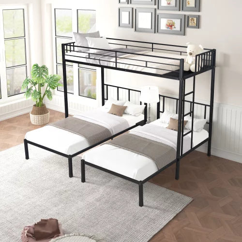 Metal Triple Bunk Bed for 3 People, Can Be Separated into 3 Twin Beds, Twin Over Twin & Twin Bunk Bed with Guardrails for Kids, Teens, Adults
