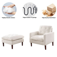 Accent Chair with Ottoman, Modern Fabric Single Sofa Chair with Wood Legs, Upholstered Armchair with Footrest, Living Room Leisure Chair Ottoman Set, Tufted Chair for Reading or Lounging, White