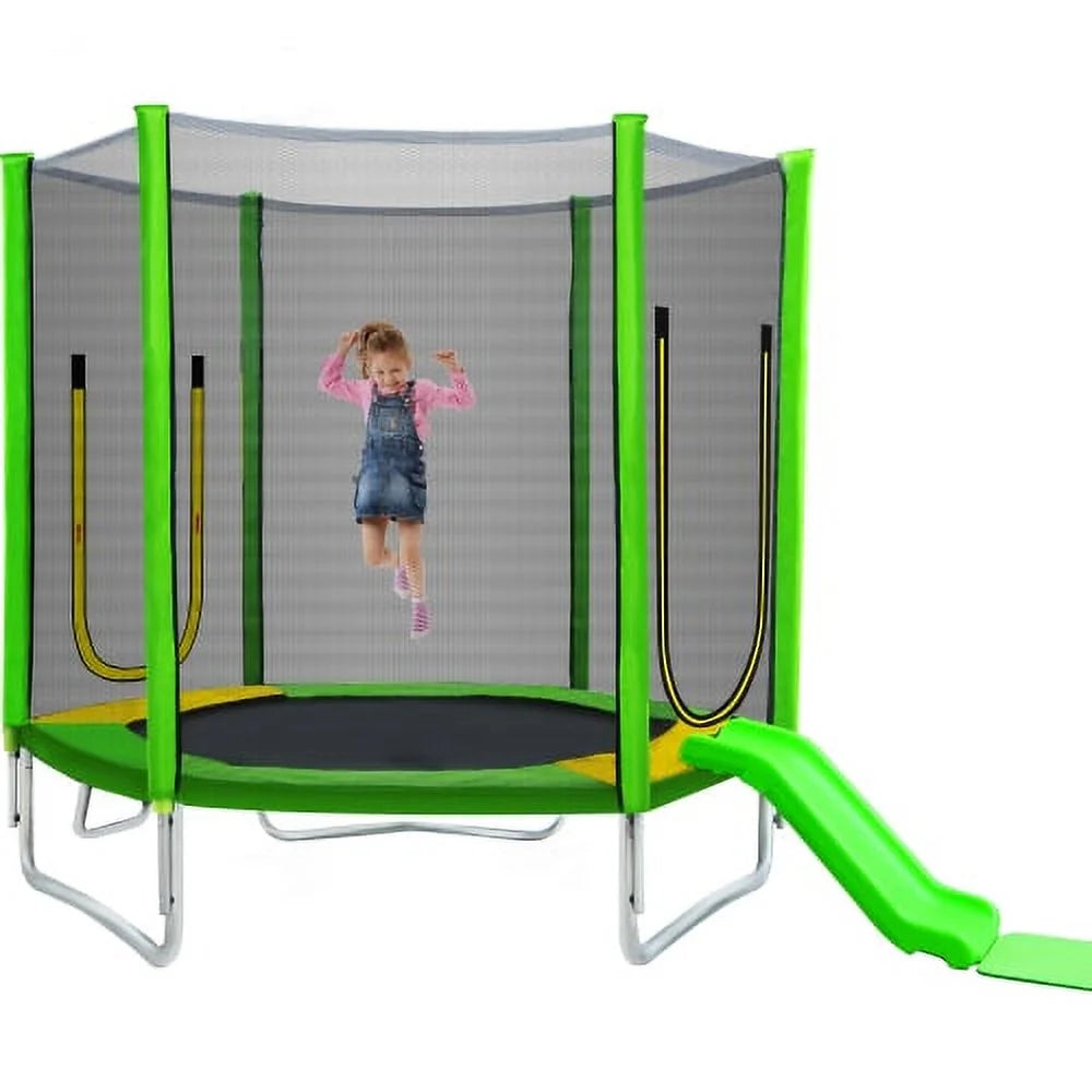 7FT Trampoline for Kids with Safety Enclosure Net, Recreational Trampoline with Slide and Ladder, Round Outdoor Trampoline,Waterproof Jump Mat for Kids, Teens, Boys, Girls