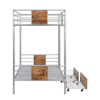 XL Twin Over Twin Metal Bunk Bed with MDF Board Guardrail and Two Storage Drawers, Heavy Duty Bunk Bed with Integrated Ladder and Full-Length Guardrails for Kids Teens and Adults, Silver