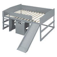 Loft Bed Full Size, Low Study Full Loft Bed with Rolling Portable Desk and Chair, Kids Loft Bed with Slide, Built-in 2 Rung Ladder and Full Length Safety Guardrails for Boys Girls, Gray