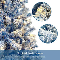 6FT Snow Flocked Christmas Tree, Pre-Lit Hinged Artificial Fir Christmas Tree w/750 Branch Tips, 300 Warm White LED Lights and Foldable Metal Stand, Xmas Tree Home Holiday Decoration, Blue