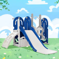 5 in 1 Toddler Swing and Slide Set with Climber, Kids Playground Climber Slide Playset with Safety Belt, Armrest, Basketball Hoop, High Adjustable Baby Swing Set for Indoor Outdoor Backyard, Blue
