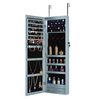 Jewelry Storage Cabinet Mirror, Modern Hanging Wall Cabinet with LED Lights and Inner Storage Shelves, Fashion Locking Storage Cabinet with Metal Hook for Living Room, Easy Assembly, Blue
