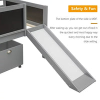 Low Loft Bed with Slide and Two Storage Boxes, Chalkboard, Wood Twin Size Loft Bed with Climbing Frame and Rope (Gray, Loft Bed)