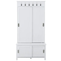 70 Inch Multifunctional Hall Tree with Sliding Doors, Wooden Hallway Shoe Cabinet with Storage Bench and 5 Shelves, Mudroom Coat Storage with 6 Metal Hooks for Entryway, Living Room, Bedroom, White