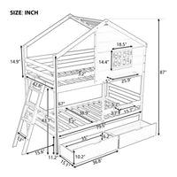 Twin Over Twin House Bunk Bed with 2 Drawers, 1 Storage Box, 1 Shelf, Window and Roof, Wooden Bunk Bed Frame with Ladder and Guardrails, White