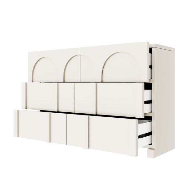 Modern Buffet Sideboard, Kitchen Storage Cabinet with Shelves and Doors, Wood Buffet Cabinet with Drawers, Coffee Bar, 6-Drawer Chest Floor Cabinet Cupboard for Dining Room, Half High Gloss White