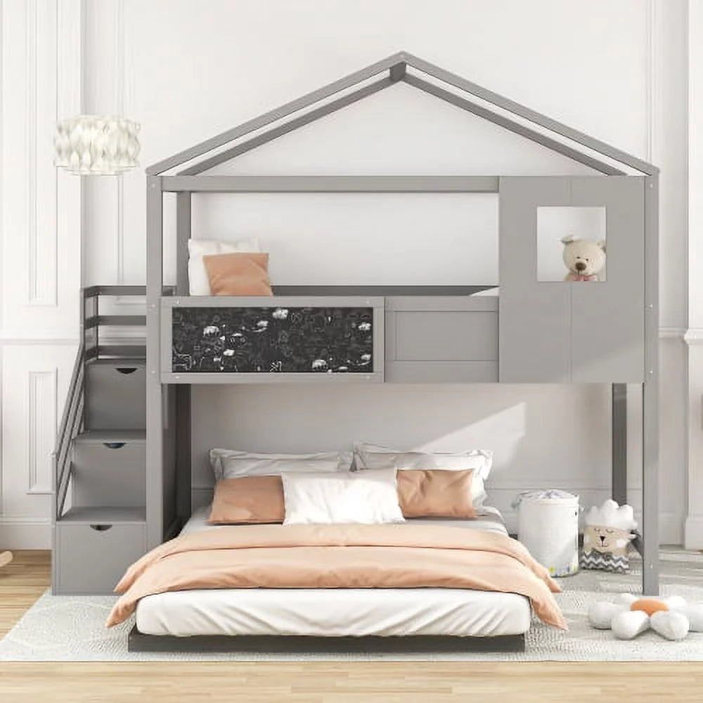 L-Shaped Bunk Beds with Stairs, Twin over Full Floor House Bunk Bed with Full-Length Guardrail & Roof & Blackboard Wood, Space-Saving Loft Bed for Kids Girls Boys, No Box Spring Needed, Gray
