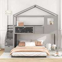 L-Shaped Bunk Beds with Stairs, Twin over Full Floor House Bunk Bed with Full-Length Guardrail & Roof & Blackboard Wood, Space-Saving Loft Bed for Kids Girls Boys, No Box Spring Needed, Gray