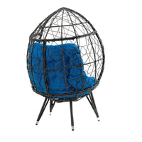 Outdoor Patio Wicker Egg Chair, Oversized Indoor Outdoor Lounger Chair with Comfy Cushion, Basket Wicker Chair for Patio, Backyard, Poolside, Living Room, Blue