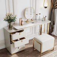 Large Vanity Set Makeup Vanity Dressing Table with 4 Drawers, 47" Vanity Desk with Stainless Steel Frame Legs, Dressing Table Set with PU Leather, Side Cabinet, Mirror and Stool, White