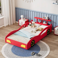 Twin Size Wooden Race Car Bed,Modern Car-Shaped Platform Twin Bed with Wheels, Storage Headboard, Sport Car Shaped Bed Frame For Teens, Red & Yellow