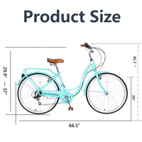 Women 26 Inch Bike with Steel Frame and Leather Saddle, Bicycle Frame with Front and Rear wheel, 7-Speed Drivetrain and Rear Rack, 26 Inch Bike for Road, Seaside and Travel