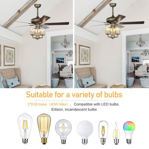 Ceiling Fan, Quiet Ecological Chandelier Fan with 5 Wood Blades 3 Light Kit and Remote Control, Quiet Ecological Chandelier Fan, Reversible Airflow-Bronze Metal Finish