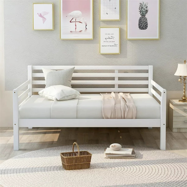 Full Size Daybed, Wooden Daybed Frame with Hollow Backrest and Armrests, Multifunctional Paltform Sofa Bed with Premium Wood Slats Support and Underbed Storage, No Box Spring Needed, White