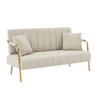 Loveseat Sofa with two Throw Pillows,Upholstered Sofa Couch with Metal Legs,Velvet 2-Seater Sofa Couch for Living Room, Bedroom, Apartment,Beige