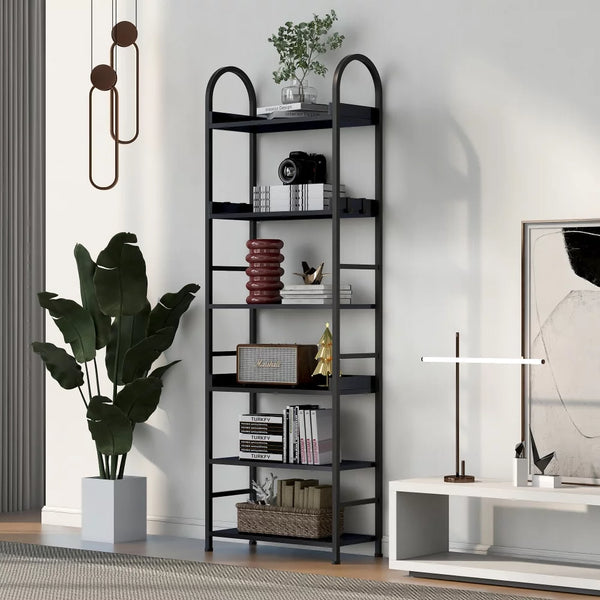 70.8 Inch Tall Bookshelf, 6-tier Shelves Bookcase with Round Top Frame, MDF Boards Book Shelf with Adjustable Foot Pads, Storage Shelves for Living Room, Study, Bathroom (Black)