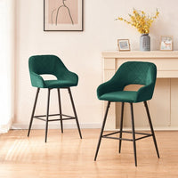 Bar Stools Set of 2, Velvet Upholstered Dining Chairs Barstools, Fixed Height Bar Chairs with Metal Frame and Footrest, Modern Bar Chairs for Cafe Pub Kitchen Island Dining Room, Green