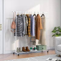 Garment Rack With Wheels, Clothing Rack with Mesh Storage Shelf and 2 Brakes, Capacity 100 lbs, Sturdy Steel Frame, White