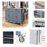 Kitchen Island Cart Kitchen Island on Wheels with Spice Rack, Towel Rack and 2 Drawers, Rolling Mobile Kitchen Island with 4 Door Storage Cabinets and Solid Wood Top, Gray