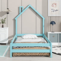 Twin Size Floor Bed, Wooden Montessori Bed Fence Bed with House Shape Headboard, Wood House Bed Platform Bed, for Boys Girls, Low to Ground Height, No Box Spring Needed, ight Blue