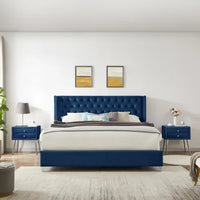 King Size Velvet Upholstered Bed Frame with Two Nightstands, Button Designed Headboard, Strong Wooden Slats, Metal Legs with Electroplate, No Box Spring Needed