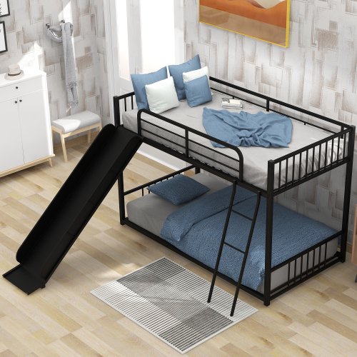 Twin Bunk Beds for Kids, Metal Bunk Bed with Slide, No Box Spring Required (Black Low Bunk Beds with Slide)