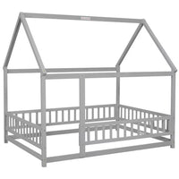 Full Size Floor Bed with Fence Guardrails for Kids, Montessori Bed Playhouse Bed with Roof, Full Platform Bed Frame for Boys and Girls, No Slats Included (Gray, Full Size)