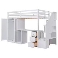 Twin Size Loft Bed with Wardrobe and Staircase, Wood Loft Bed Frame with Desk and Storage Drawers and Cabinet in 1 for Kids Teens Boys Girls Adults, Space Saving Furniture for Bedroom, White
