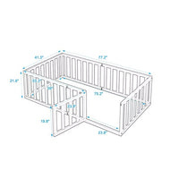 Twin Size Floor Bed, Wood Twin Montessori Bed Frame with Fence Guardrails and & Support Slats, Twin Playhouse Bed with Door Design, Fence Bed Playpen Bed for little ones, Walnut