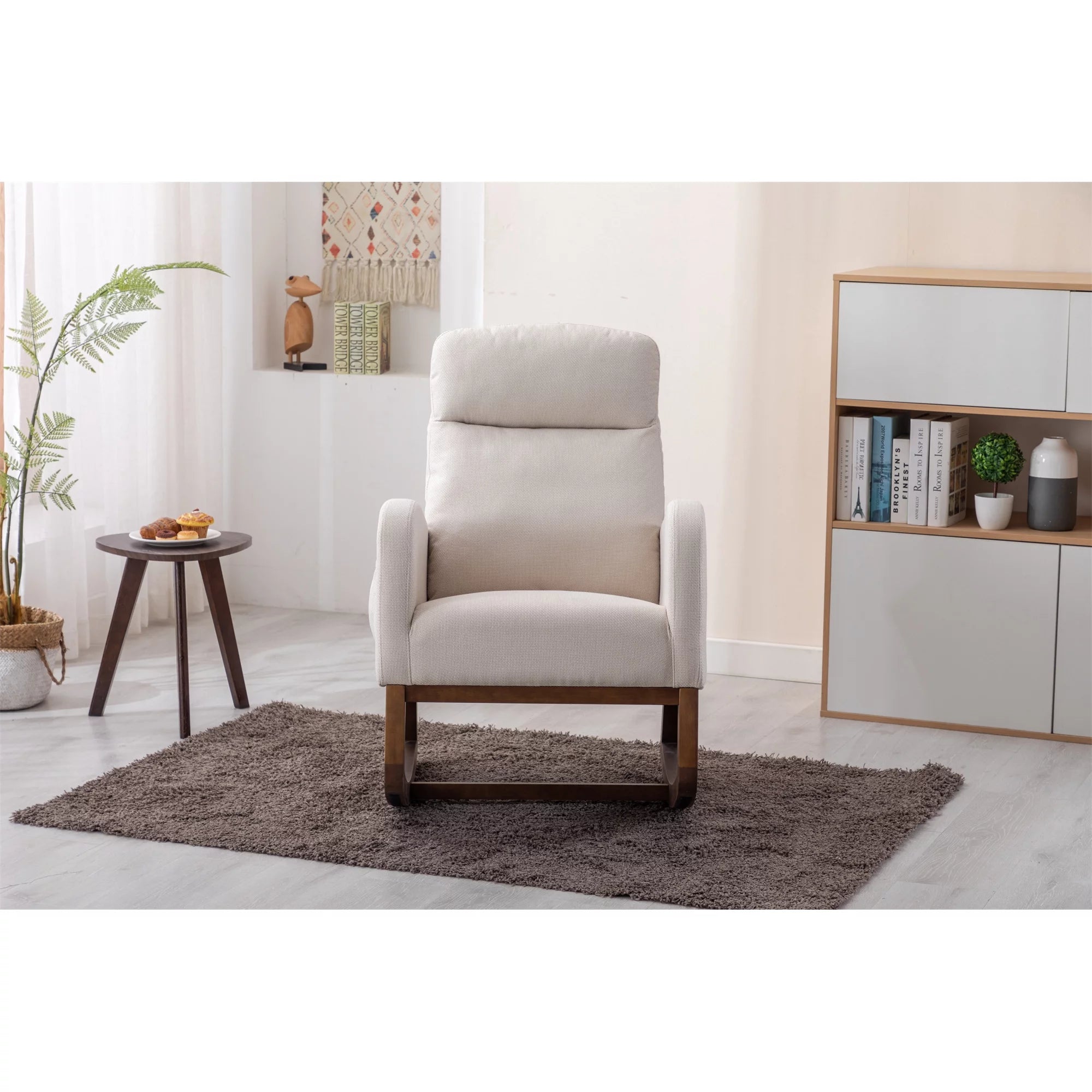 Modern Rocking Chair Nursery Upholstered Glider Chair with Side Pocket, Comfortable Rocking Accent Armchair with High Back and Rubber Wood Legs for Living Room Bedroom Reading Room Lounge, Beige