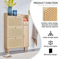 Shoe Cabinet with Rattan Doors and Open Top Shelf, Modern Storage Cabinet with Drawer and Solid Legs for Entryway, Bedroom, Living Room, Natural